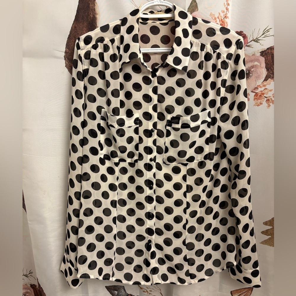 Small Guess sheer Polka Dot Button-Up Blouse​​